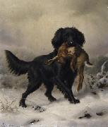 Johannes Deiker Schwarzer Setter apportiert Hasen in winterlicher Landschaft oil painting artist